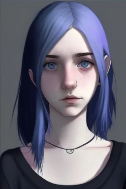 Realistic female teenager with pale skin, big grey eyes, blue and purple shoulder length hair, round face, prominent collarbones, black clothing