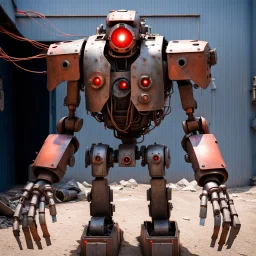 trash mech suit, human-sized, made of scrap metal, cockpit, light rust, round, one red glowing eye, loose wires, escape hatch