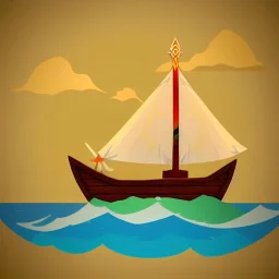 Legend Of Zelda: Wind Waker style Small wooden ship, with bright sails, on a vast ocean, stylized, celshaded, colorful, adventurous, frontal view, full view.