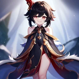 Clear focus,High resolution, black short fluffy hair, long fluffy bangs, and red eyes, Depressed girl, wearing a genshin impact outfit,slight revealing outfit, Smug smile, half closed eyes, smile, full body, Extreme close up, smiling with teeth