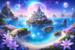 enchanted cosmic landscape of a island in spring with bright little flowers and little gems and crystals with a crystalline sea