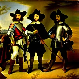 oil portrait of The Three Musketeers and d'artagnan with armor by Rembrandt 8k