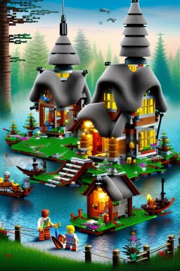 lego cottage in the forest with lake boy girl