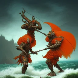 an ibis warrior in orange and green full battle armor, a highly detailed illustration, background of giant crashing ocean waves, realistic render, 8 k, micro detail, intricate, elegant, centered, digital painting, Artstation, smooth, sharp focus, illustration, artgerm, tomasz alen kopera, peter mohrbacher, donato giancola, joseph christian leyendecker, wlop, boris vallejo