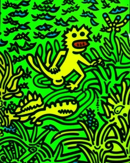 A lime green underwater reef with poisonous fish painted by Keith Haring