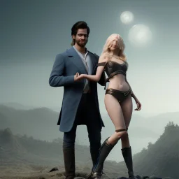 fantasy image of a dark haired handsome prince holding a beautiful blonde haired pale skinned woman with blue eyes