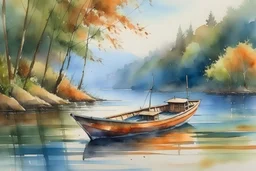 painting watercolor boat on the river