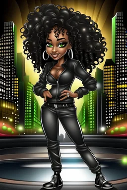 Create a digital airbrush cartoon of an African American female wearing a black jean outfit with timberland boots. Prominent make up with hazel eyes. She is wearing large diamond hoop earrings. Extremely highly detailed very long curly hair that shines. Background of a night club.