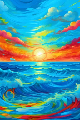 The sea and sky transforming, vibrant with colors and symbols representing love and kindness.