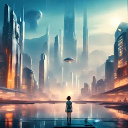 blade runner atmosphere,big city at night, UFOs in the sky, futuristic buildings.mountains, lake ,beautiful, realistic girl in the front