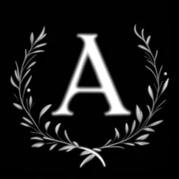 2 branches(crossed at bottom, arching upward in a wreath, delicate hand drawn outline linework, romantic), Letter A in Middle or wreath, sharp image, white vector on black background