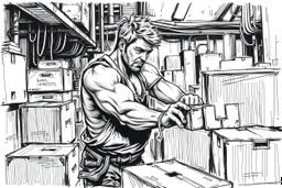 a working man (light swedish hair) pushing objects in a factory, sweating really hard, muscles are exploding, the man have worked through years of day and night never ending, black and white fast marker sketch painting rough style, he pushing with raw power boxes and ibc, baxers