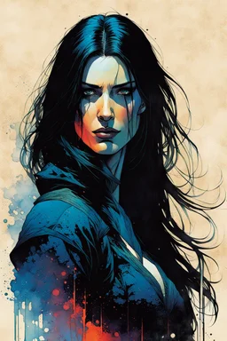 create an imaginative full body print illustration of an ethereal, otherworldly haggard and grim, raven haired female Witcher , in the comic book art style of Bill Sienkiewicz, Mike Mignola, and Jean Giraud Moebius, with highly detailed feminine facial features , finely drawn, colored and inked,