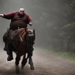 Fat guy on a horse in dark and scary place fighting with enemy