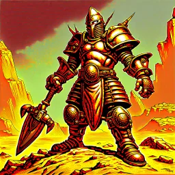 90's TCG art retro fantasy art of neuclear warrior with huge pauldrons in wasteland