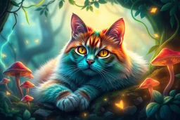 A rainbow-colored cat with golden and teal eyes resting in a magical forest, surrounded by glowing mushrooms, neon vines, and fragmented light. The background is dreamy and surreal. --v 7 --style raw --ar 4:5 --q 2