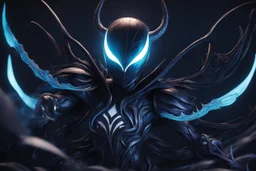 Huge symbiote in 8k hollow knight drawing, shaco model, Halloween theme, neon blue lights, Chaos sea, intricate details, highly detailed, high details, detailed portrait, masterpiece,ultra detailed, ultra quality