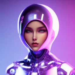 Cute girl in a robotic hijab suit,purple and pink backlight, orange lighting, profile