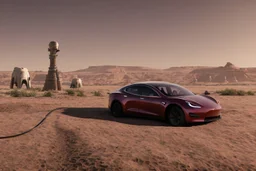 A Tesla 'Model Y' is parked, in Mos Eisley on the planet Tatooine. (CINEMATIC, WIDE ANGLE LENS, PHOTO REAL)