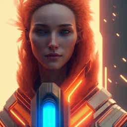 A beautiful portrait of a cyberpunk woman with grain on skim red head cyborg smiling facing camera orange color scheme, high key lighting, volumetric light high details with white stripes and feathers unreal 5, octane render, cinema4d, dynamic lighting, dramatic lighting, 4k, redshift render, highly detailed, hyper realistic like Tron the movie