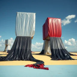 Fotografia di una superficie piatta di colore azzurro chiaro e giallo pastello, su cui si ergono alcuni giganteschime immense enormi strutture di forma indefinita, fatte di materiali vari, ricoperte da materiale plastico argentato, rosso, e nero, che scende a terra. Max Ernst, Joan Miró, Amano, Piet Mondrian, paranoic, obsessive, nightmare, aria aperta, sole, nuvole, glossy, surreal, hasselblad h6d400c --ar 85:128 --v 6.