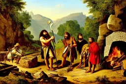 Romanticism, Painting, caveman holding a club, cave, cave bear, campfire, stone age, dawn, fine detail, high quality,