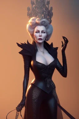 Mae West as evil queen in black leather, leather, busty, cleavage, angry, stern look. character design by cory loftis, fenghua zhong, ryohei hase, ismail inceoglu and ruan jia. unreal engine 5, artistic lighting, highly detailed, photorealistic, fantasy