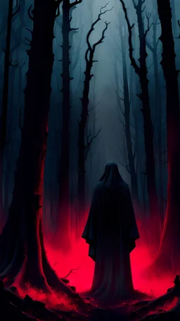 Through the gloomy forest, surrounded by strange gloomy figures in black robes, a red light appears from the gloomy black sky, which descends on an eerie grave in the middle of the forest in realistic film style