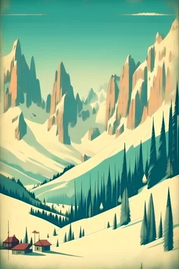 Retro poster of the italian dolomites during a Ski Trip. Use as background, the southp tyrolean alps