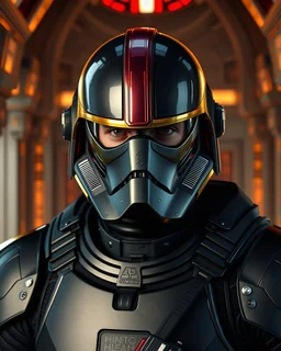 star wars bald male corellian pilot wearing pearlescent black and gunmetal grey First Order special forces heavy assault armor and full face helmet with gold and metallic red visor and trim inside the jedi temple, centered portrait, hyperdetailed, dynamic lighting, hyperdetailed background, 8k resolution, volumetric lighting, light skin, fully symmetric details