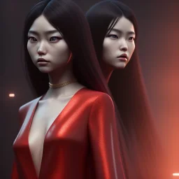 portrait only hitomi tanaka, long black hair, red dress, 8k, highly realistic, octane render,