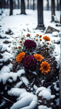 On the old winter grave lies flowers. sad style