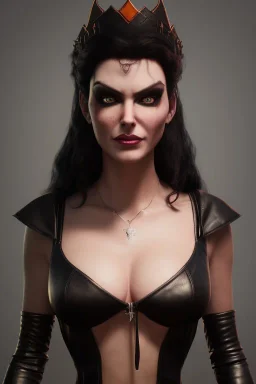 Amy Dumas as evil queen in black leather, leather, busty, cleavage, angry, rage, stern look. character design by cory loftis, fenghua zhong, ryohei hase, ismail inceoglu and ruan jia. unreal engine 5, artistic lighting, highly detailed, photorealistic, fantasy