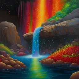 glossy hyper-realistic Illustration artwork of a Impressionist Paintings of a serene waterfall slowly moving down the rocks down to a gentle pond , Glow-in-the-dark vivid neon red blue orange and yellow, tiny bonzai made of tiny luminous dots style puntilism following the traile of the cascade, water trickling shimmering iridescent colors with soft rainbow hues