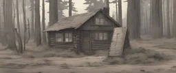 log cabin, post-apocalyptic, comic book, forest, cinematic, from far away,