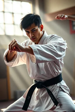 A hyper-realistic, detailed photo , practicing karate , bathed in cinematic light. , realistic elements, captured in infinite ultra-high-definition image quality and rendering, full size photo