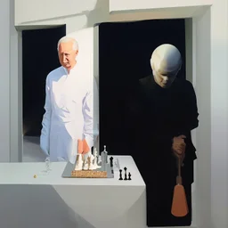 Putin, President Xi Of China And Joe Biden Play Chess With A Pigeon,Ufo And Atomic Bomb Mushroom Cloud,Complex Surgical Instruments Intermixed With A Newborn Boy,Minimalism,Painting By Adrian Ghenie,Rene Magritte,Pablo Picasso,Michelangelo,Salvador Dali,Lucian Freud