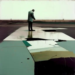 Minimal contemporary abstract oil paintings concrete desolate 1960s carpark. In the style of Justin Mortimer and Francis Bacon. road markings on tarmac.