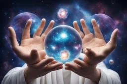 kundalini, connected to the universe, few colours of galaxy, holding galaxies in few hands in glass balls