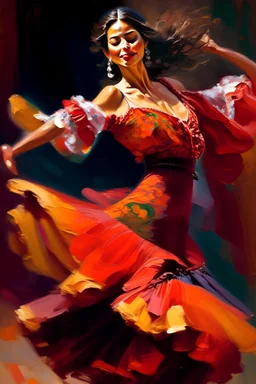 A lively portrait of a flamenco dancer, passionately performing in a vibrant, flowing dress, with the rhythm of castanets and the strumming of Spanish guitars in the air.