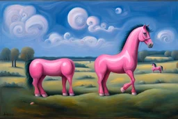 strange Big pink plastic horse.19th painting