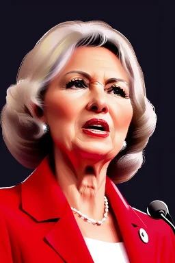 A preety woman in her early 50s having a presidential speech in front of a huge building