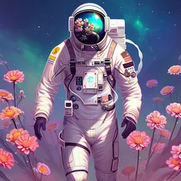 "floral astronaut" hand-drawn digital art, flowers everywhere, colorful garden, beautiful galaxy, REALISTIC, anime, 4k, high resolution, full details, 2560x1600