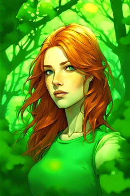 Avengelyne Comics: sorority, (waist length hair) redhead, freckles, green eyes, intricately detailed, color depth, comic art, al photography, bokeh, natural lighting, deep forest green, yellow, lime green, teal, turquoise, aquamarine, chartreuse