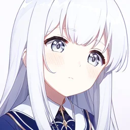 a close-up headshot of a kawaii shy young woman with long white hair, silver eyes with long lashes, slim delicate build, sickly complexion, soft, anime style, intricately detailed, splotchy watercolor background, adorable, cute