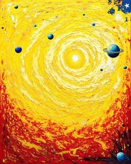 A yellow, golden and red galaxy with planets and stars painted by Gustav Klimt