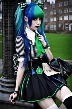 Full body image , punk-goth, schoolgirl chic, Blue Streaks, one cute bag ((hair color is combination of black and white hair)), long hair, straight hair, green skin, big eyesplaid skirt, stripe blouse, Checkerboard Bow, Stitched Jacket, Black Vest, Knee-High Socks, Bolt Necklace, Bolt Earrings, Stitched Dress, Platform Heels, mary jane shoes, Green Skin, Neck Bolts, Pet Watzit, Torn Tights, Electric Personality, sophisticated,, beautiful woman, ((background: school,,)) hyper realistic,