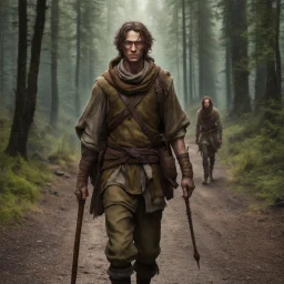 dnd, male forest hunters wearing eye, glasses, thin body ,starving, dirty, standard face, travelling the road background, brown hair