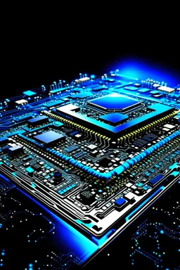 A computer chips and electronic components are connected byvneyrons space blue sky