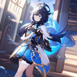 Clear focus,High resolution, Black short fluffy hair, and blue eyes, wearing a Genshin Impact inspired outfit, detailed clothes,must be wearing a short skirt, Bandage around the whole body